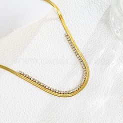 304 Stainless Steel Pave Square Clear Cubic Zirconia Flat Snake Chain Necklaces for Women&nbsp;WG60D5C-01