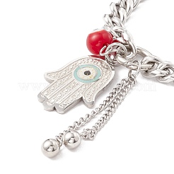 Round Lampwork & Hamsa Hand with Evil Eye Charm Bracelet with 304 Stainless Steel Chain for Women&nbsp;STAS-P304-17P
