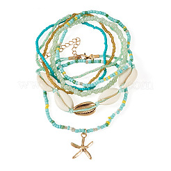 2 Bags Summer Beach Glass Seed Beaded & Natural Shell & Alloy Starfish Charm Anklet Sets&nbsp;AJEW-TA0003-69G