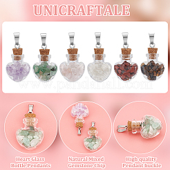 12Pcs 6 Styles Natural Mixed Gemstone Chip Heart Glass Bottle Pendants&nbsp;PALLOY-UN00001