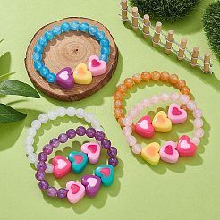 Imitation Cat Eye Resin Heart Beaded Stretch Bracelet for Kids&nbsp;BJEW-JB09569