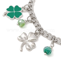 Alloy Clover & Glass Charm Bracelet with 304 Stainless Steel Curb Chains for Saint Patrick's Day&nbsp;BJEW-TA00302