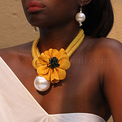 Flower Cloth & Round Imitation Pearl Dangle Earrings & Necklaces Sets for Women&nbsp;FS-WG9E284-03