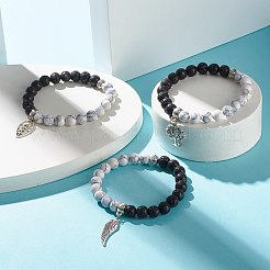 Natural Lava Rock and Synthetic Howlite Round Beads Stretch Bracelet for Men Women&nbsp;BJEW-JB06929