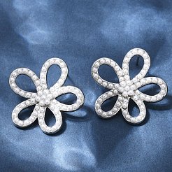 Flower Brass ABS Imitation Pearl Stud Earrings&nbsp;EJEW-M082-07P