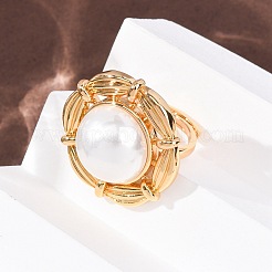 Adjustable Brass with ABS Plastic Pearl Cuff Rings&nbsp;RJEW-G368-07G