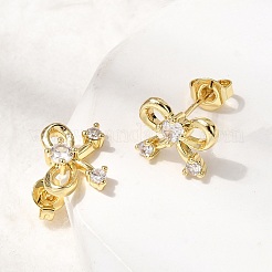 Bowknot Brass Micro Pave Clear Cubic Zirconia Stud Earrings for Women&nbsp;EJEW-G460-03G