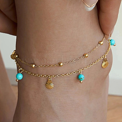 Synthetic Turquoise Round & 304 Stainless Steel Shell Shape Charm Double Layer Anklets for Women&nbsp;FS-WG7A7AF-01