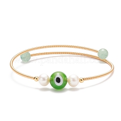 Gemstone & Evil Eye Lampwork & Natural Pearl Beaded Bangle&nbsp;BJEW-JB08463