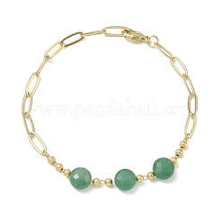Natural Green Aventurine Faceted Flat Round Beaded Brass Paperclip Chain Bracelets&nbsp;GG-CBA37F5-02G-01