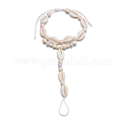 Bohemian Style Natural Cowrie Shell & Plastic Imitation Pearl & Waxed Cord Adjustable Toe Ring Anklets&nbsp;FS-WG56DB4-01