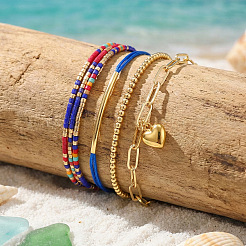 4Pcs 4 Styles Glass Seed Beads Multi-strand Braided Bead Bracelets & Brass Round Beads Stretch Bracelets & Heart 304 Stainless Steel Charm Bracelets & Brass Tube Braided Bracelets Set for Women&nbsp;VV5058-1