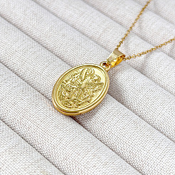 304 Stainless Steel Oval with Embossed Archangel Saint Michael Pendant Necklaces for Men Women&nbsp;FS-WGF7792-01