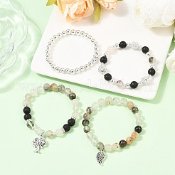4Pcs 4 Styles Natural Green Lodolite Quartz & Lava Rock Beaded Stretch Bracelet & Alloy Charms Bracelets Sets for Women&nbsp;BJEW-JB12489