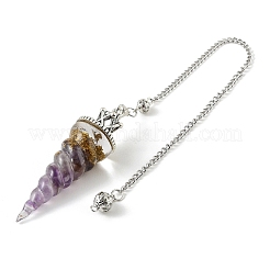 Resin Dowsing Pendulum Pendants with Natural Amethyst Chips inside and Iron Chain & Alloy Caps&nbsp;GG-CBAEAD2-01B
