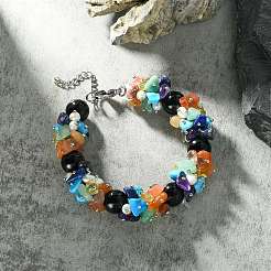 Natural Black Onyx Round & Mixed Stone Chips & Pearl Beaded Bracelet&nbsp;BJEW-JB09631-01