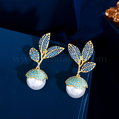 Leaf with Round Brass Micro Pave Cubic Zirconia Dangle Stud Earrings&nbsp;FS-WG7F411-01