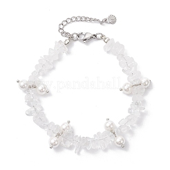 Natural Quartz Crystal Chip & Glass Shell Round Beaded Bracelets&nbsp;BJEW-JB12303-01