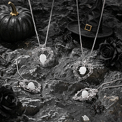 4Pcs Halloween Brass Micro Pave Clear Cubic Zirconia Heart with Acrylic Skull Pendant Necklaces&nbsp;NJEW-PH0001-56P