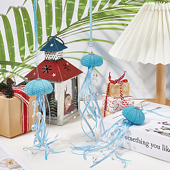 3Pcs Natural Shell Sea Urchin Jellyfish Hanging Ornaments with Crystal and Ribbon&nbsp;HJEW-WH20019-04