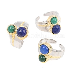 Natural Lapis Lazuli & Natural Malachite with Brass Cuff Open Rings&nbsp;RJEW-B163-01GP-01