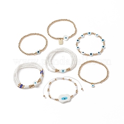 7Pcs 7 Style Evil Eye Lampwork & Glass Seed & Brass Beaded Stretch Bracelets Set for Women&nbsp;BJEW-JB09249-02