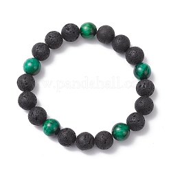 2Pcs 2 Colors Natural Lava Rock & Dyed Green Tiger Eye Round Beaded Stretch Bracelet Sets&nbsp;BJEW-JB12250