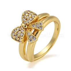 Bowknot Brass Micro Pave Clear Cubic Zirconia Double Rings&nbsp;RJEW-Z050-24G