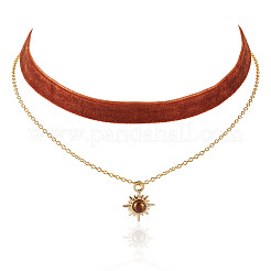 Alloy Resin Sun Pendant Single Face Dark Red Velvet Ribbon & Brass Chain Double Layered Choker Necklaces&nbsp;NJEW-TAC0039
