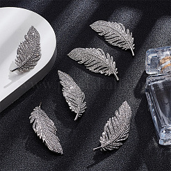 6Pcs Feather Shape Brass Rhinestone Lapel Pins for Backpack Clothes&nbsp;JEWB-UN0002-71A