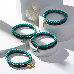 Natural Coconut & Synthetic Turquoise(Dyed) Beads Stretch Bracelets Set&nbsp;BJEW-JB07168