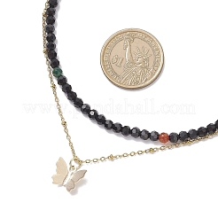304 Stainless Steel Satellite Chain Cherry Quartz Glass & Glass Faceted Round Beaded Double Layer Pendant Necklaces&nbsp;NJEW-JN05510-02