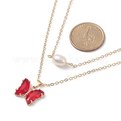 Glass Butterfly & Natural Pearl Pendants Double Layer Necklace with Clear Cubic Zirconia&nbsp;NJEW-TA00043-01
