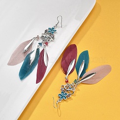 Flower & Feather Alloy Chandelier Earrings&nbsp;EJEW-G426-04AS