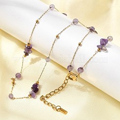 Natural Amethyst Chip 304 Stainless Steel Link Chain Necklaces for Women&nbsp;NJEW-K255-59G