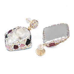 Rack Plating Rhombus Brass With Natural Tourmaline & Natural Pearl Handmade Indonesia Stud Earrings&nbsp;EJEW-U010-03B-G