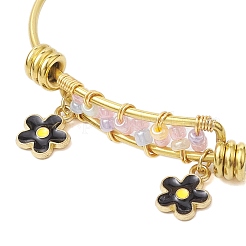 Glass Seed Beads & Stainless Steel Bangles with Black Flower for Women&nbsp;BJEW-JB10411