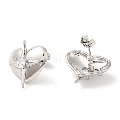 Rack Plating Brass Heart with Star Stud Earrings with Clear Cubic Zirconia Earring for Women&nbsp;EJEW-A101-05P
