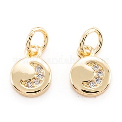 Brass Micro Pave Clear Cubic Zirconia Beads Pendants, Cadmium Free & Lead Free, Long-Lasting Plated, Flat Round with Moon, Real 18K Gold Plated, 9x7x2mm, Hole: 3.4mm