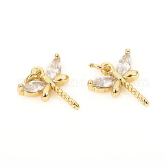 Brass Micro Pave Cubic Zirconia Charms, with Jump Rings, Cadmium Free & Lead Free, Dragonfly, Clear, Golden, 11.8x10.5x2.5mm, Jump Rings: 4x0.8mm, 2.5mm Inner Diameter