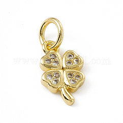Brass Micro Pave Cubic Zirconia Charms, with Jump Ring, Cadmium Free & Lead Free, Clover Charms, Real 18K Gold Plated, 11x6.5x1.5mm, Hole: 3mm