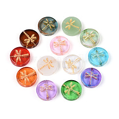 Baking Paint Transparent Glass Beads, Flat Round & Dragonfly, Golden Metal Enlaced, Mixed Color, 17x4.5~5mm, Hole: 1.2mm