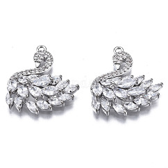 Brass Micro Pave Clear Cubic Zirconia Pendants, Cadmium Free & Nickel Free & Lead Free, Swan, Platinum, 20x18.5x5.5mm, Hole: 1.2mm