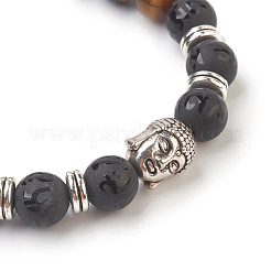 Natural Tiger Eye Beads and Natural Frosted Agate Beads Stretch Bracelets&nbsp;BJEW-JB03848-04