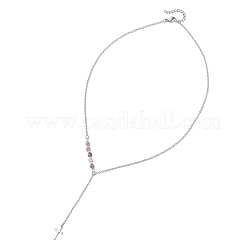 Natural & Synthetic Mixed Stone Faceted Cube Beads & 304 Stainless Steel Cable Chain Tassel Cross Pendant Necklaces&nbsp;NJEW-JN05845