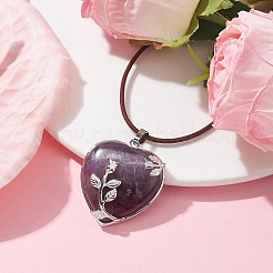 Natural Amethyst Heart Pendant Necklace with Cowhide Leather Cords&nbsp;NJEW-JN04598-01