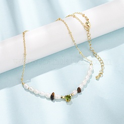 Natural Tiger Eye Chip and Rice Natural Pearl Beaded Necklaces&nbsp;GG-CBA3297-15G-A