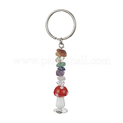 7Pcs 7 Styles Chakra Natural Gemstone Chips Keychains with Lampwork Mushroom Charm&nbsp;KEYC-JKC00547-S