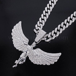 Zinc Alloy Full Crystal Rhinestone Goddess with Angel Wings Pendant Cuban Link Chain Necklaces for Women&nbsp;FS-WGAC8C0-02