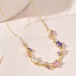 Brass Pave Cubic Zirconia Rose Flower Link Cable Chain Necklaces for Women&nbsp;NJEW-C121-05B-06G